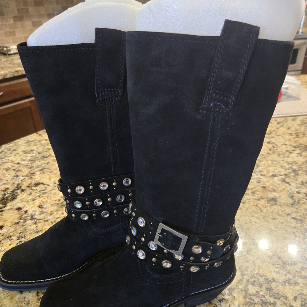 Brand New......no Tags Chic Black Suede Boots with Rhinestone Straps